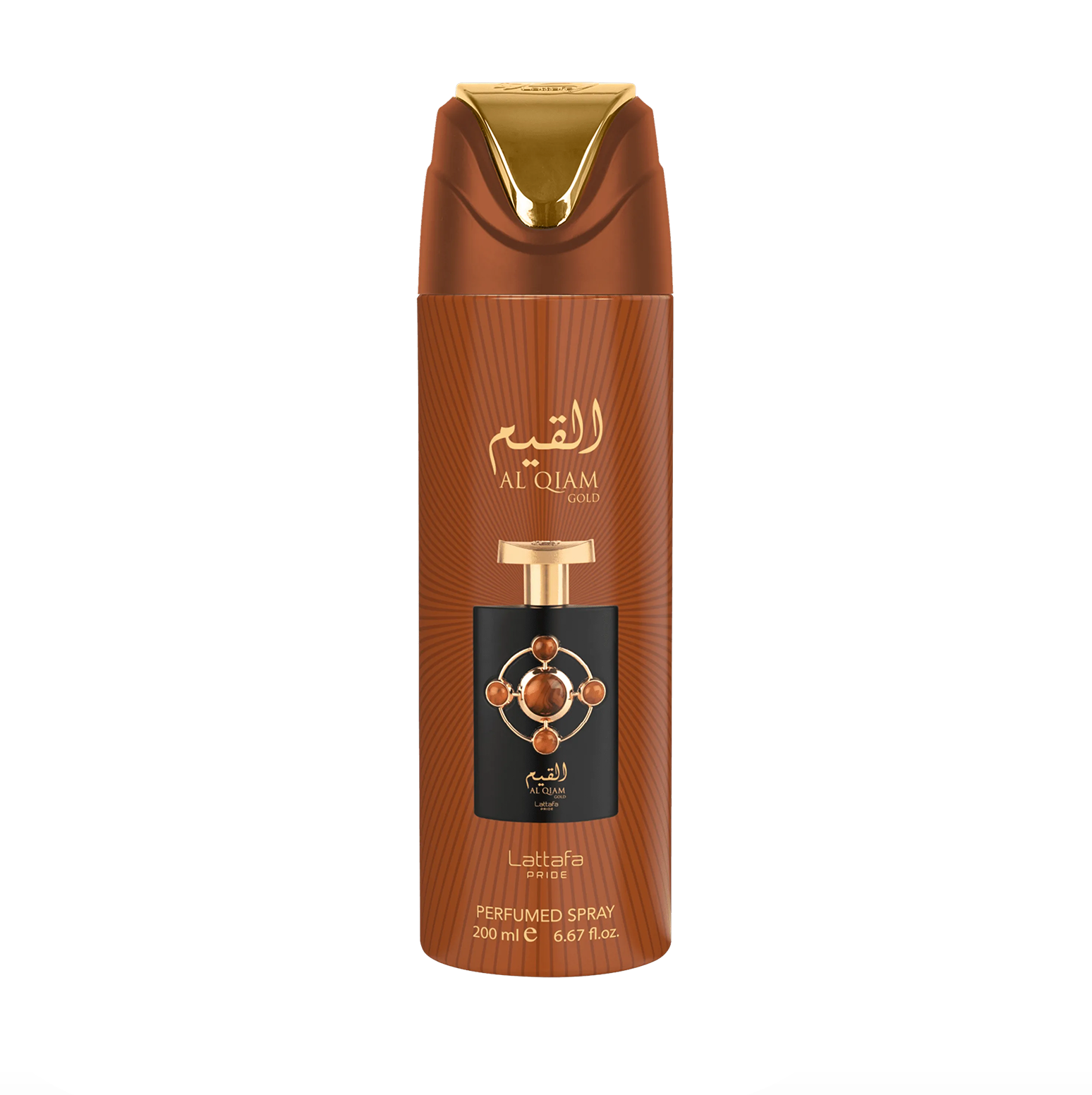 Een professionele productfoto van de Lattafa Pride Al Qiam Gold deodorantfles (200 ml), met de nadruk op het strakke, krachtige ontwerp en de premium branding van de Lattafa Pride-collectie tegen een strakke, moderne achtergrond.