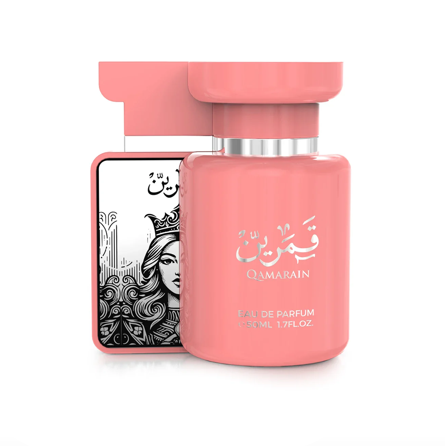 A clean studio photograph of the pink Qamarain For Her bottle, highlighting the signature artistic portrait label and elegant design.