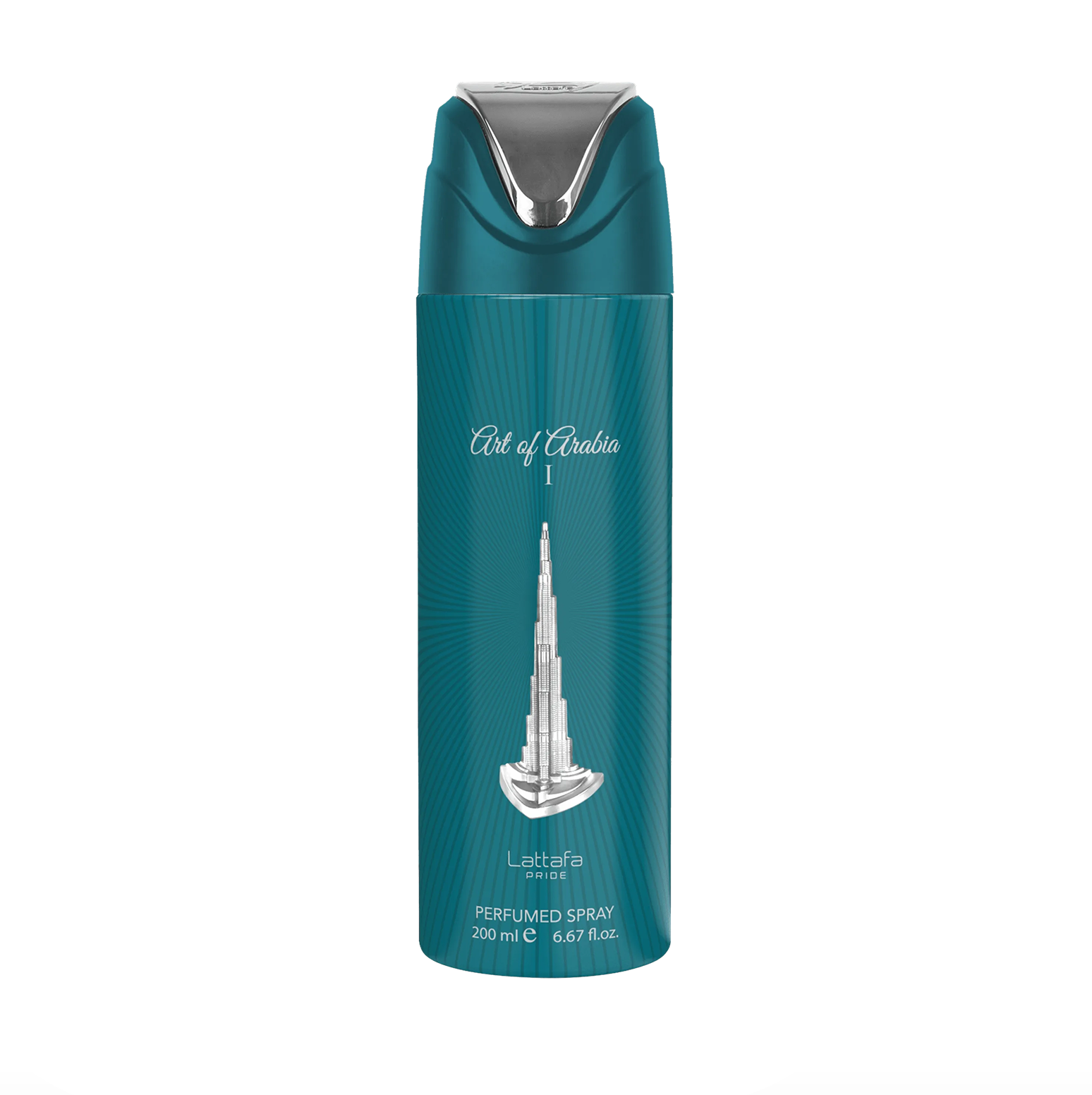 Een professionele productfoto van de Lattafa Pride Art Of Arabia 1 deodorantfles (200 ml), met de nadruk op het strakke ontwerp en de hoogwaardige, elegante merknaam van de Lattafa Pride-collectie tegen een strakke, moderne achtergrond.