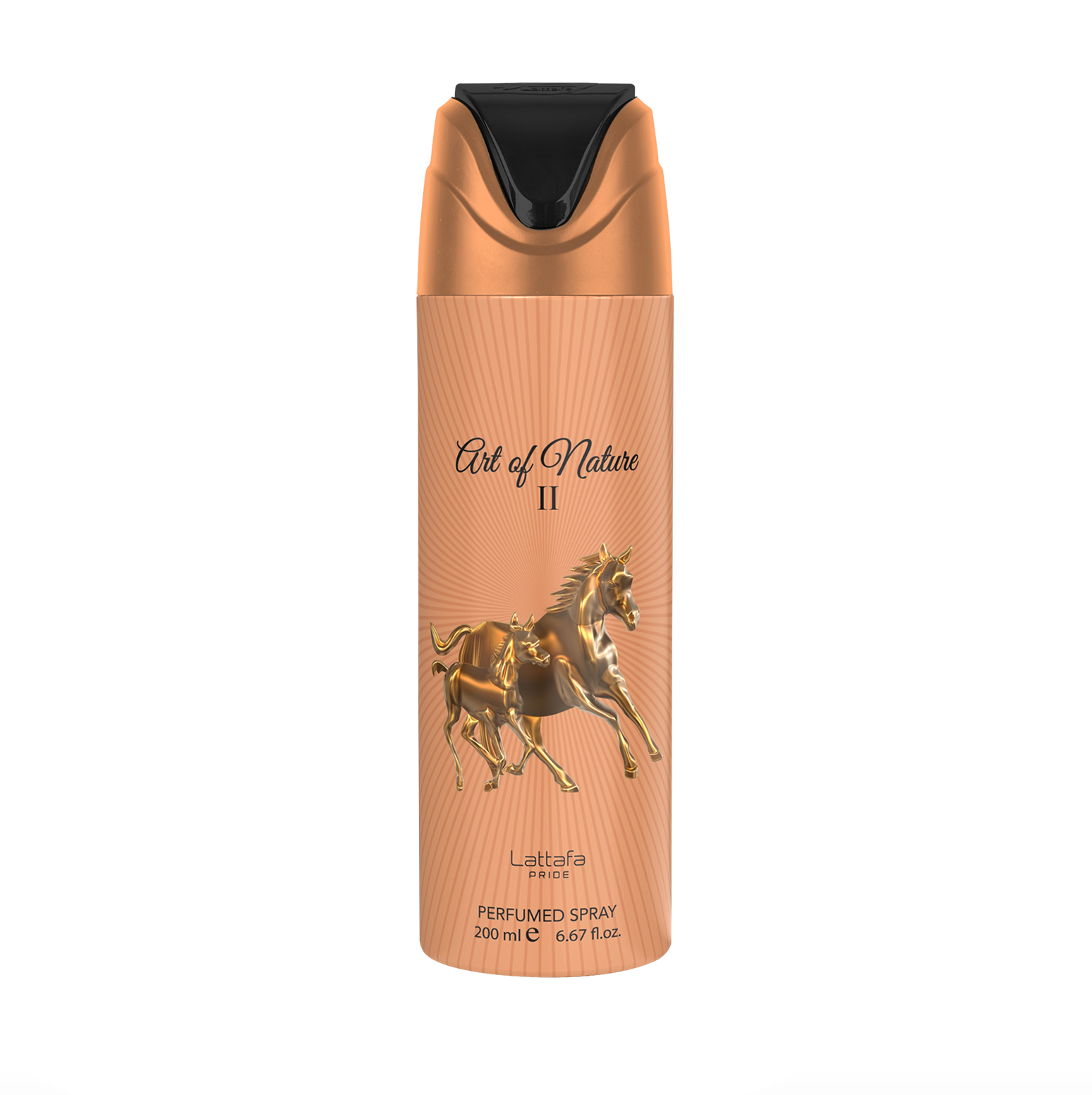 Een professionele productfoto van de Lattafa Pride Art of Nature II deodorantfles (200 ml), met de nadruk op het slanke ontwerp en de hoogwaardige, elegante merknaam van de Lattafa Pride-collectie tegen een strakke, moderne achtergrond.