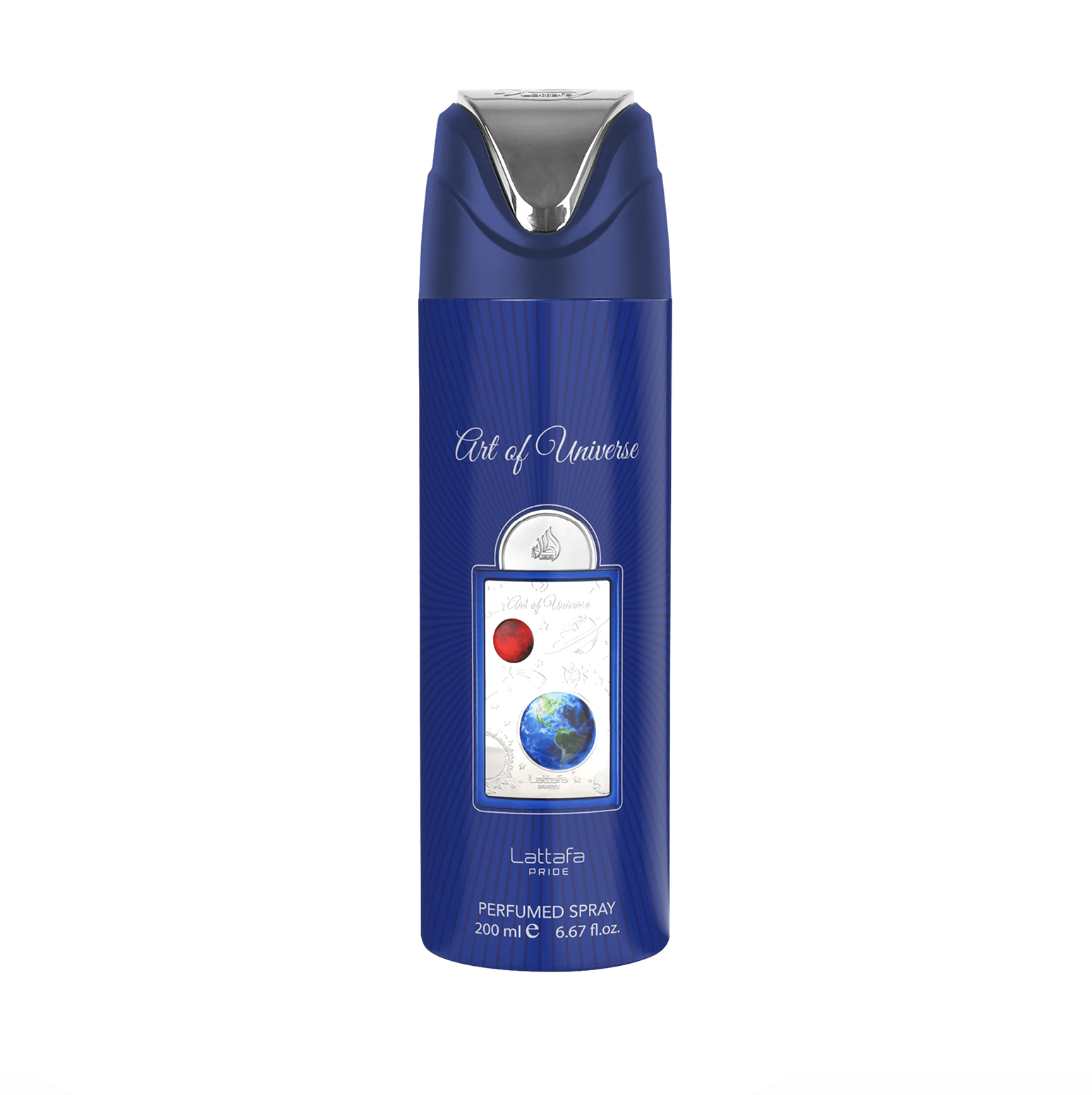Een productfoto van de Lattafa Pride Art of Universe deodorant blauwe fles (200 ml), met de nadruk op het slanke ontwerp en de hoogwaardige, elegante merknaam van de Lattafa Pride-collectie tegen een schone, witte achtergrond.
