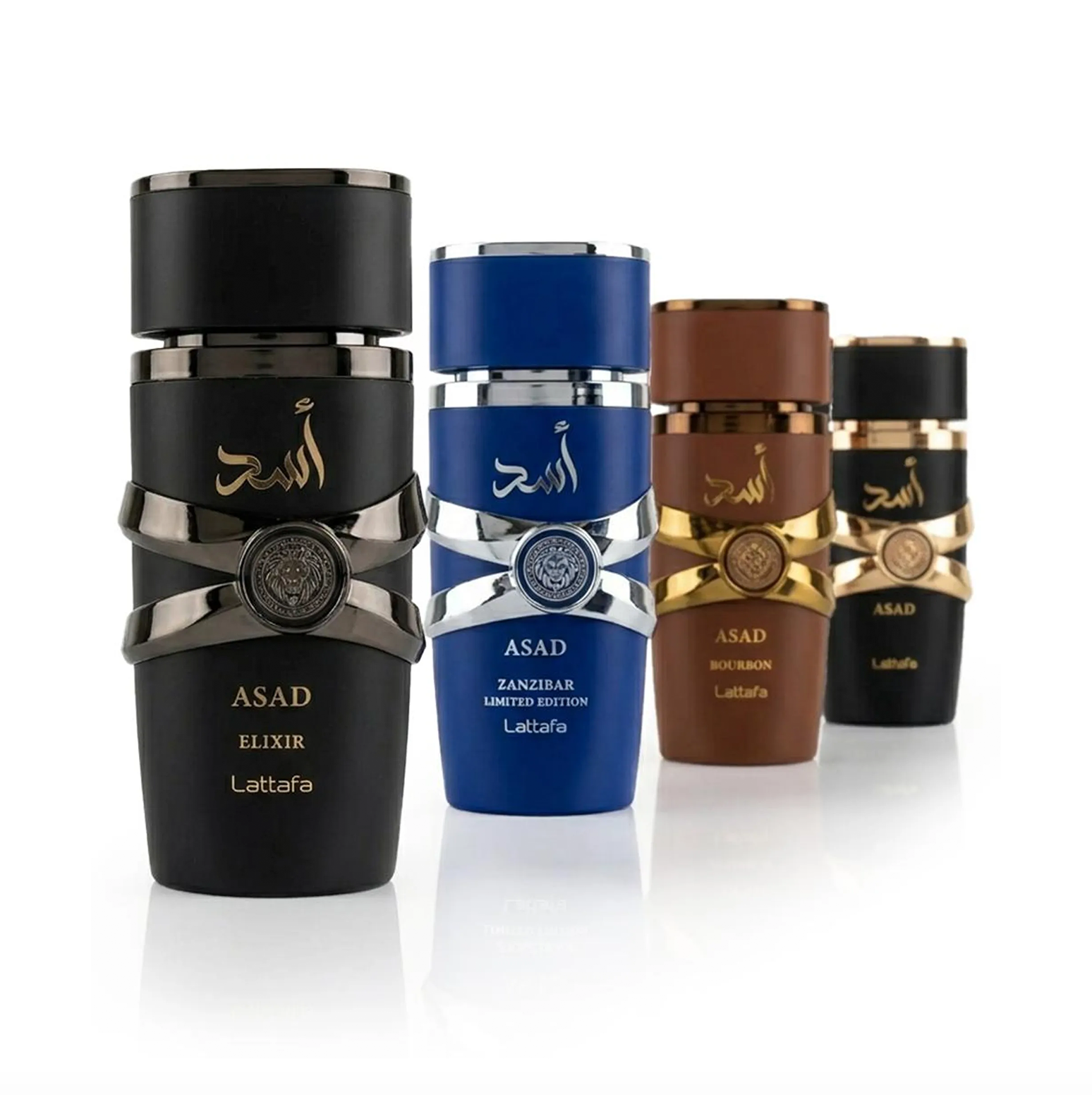 Close-up shot of the four Lattafa Asad miniature perfume bottles, showcasing the unique design of each variant: original, Bourbon, Zanzibar, and Elixir.