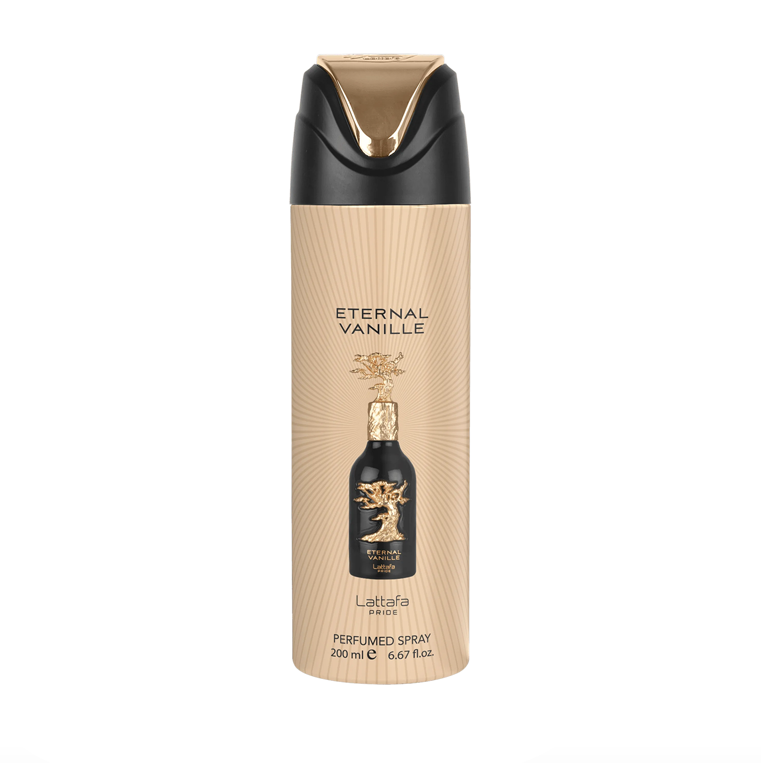 Een professionele productfoto van de Lattafa Pride Eternal Vanille deodorantfles (200 ml), met de nadruk op het strakke ontwerp en de hoogwaardige, elegante merknaam van de Lattafa Pride-collectie tegen een strakke, moderne achtergrond.