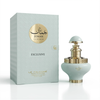 Een studio-opname van de Juman Exclusive 100 ml lichtgroene fles met gouden accenten, getoond naast de bijpassende geschenkverpakking met patroon.