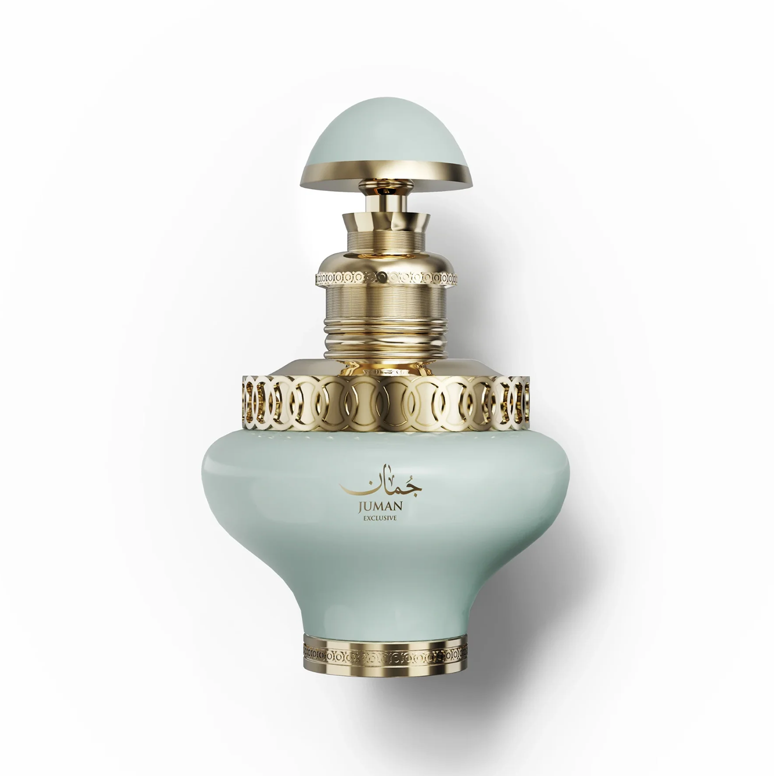 Een studio productopname van de Juman Exclusive 100ml lichtgroene fles met gouden accenten