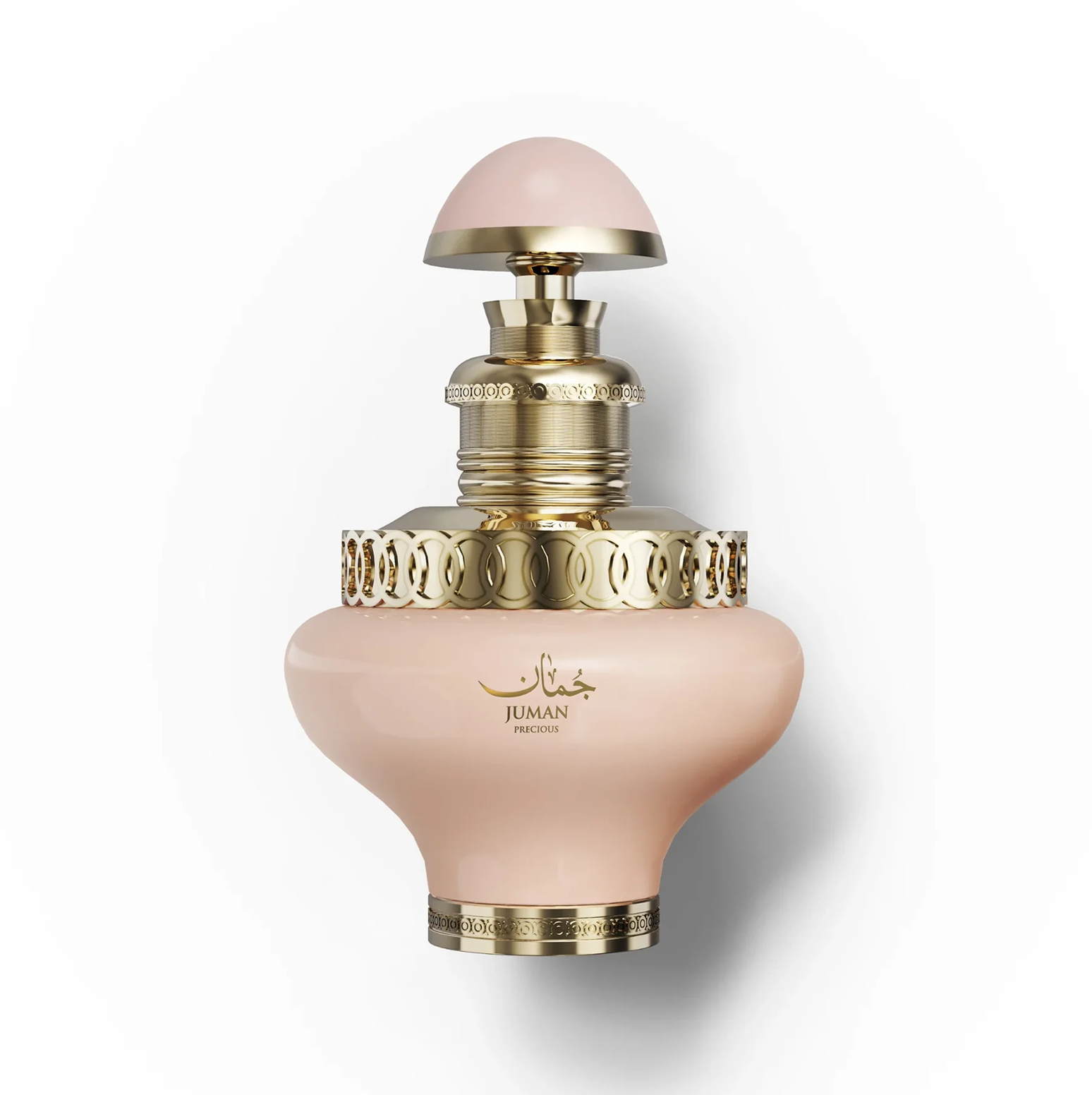 Close-up van het damesparfumflesje Juman Precious 100 ml met gouden details. Een studio-opname van het glazen flesje Juman Precious 100 ml, met de nadruk op het delicate, zachtgekleurde lichaam en de ingewikkelde goudkleurige metalen accenten rond de hals en de basis.