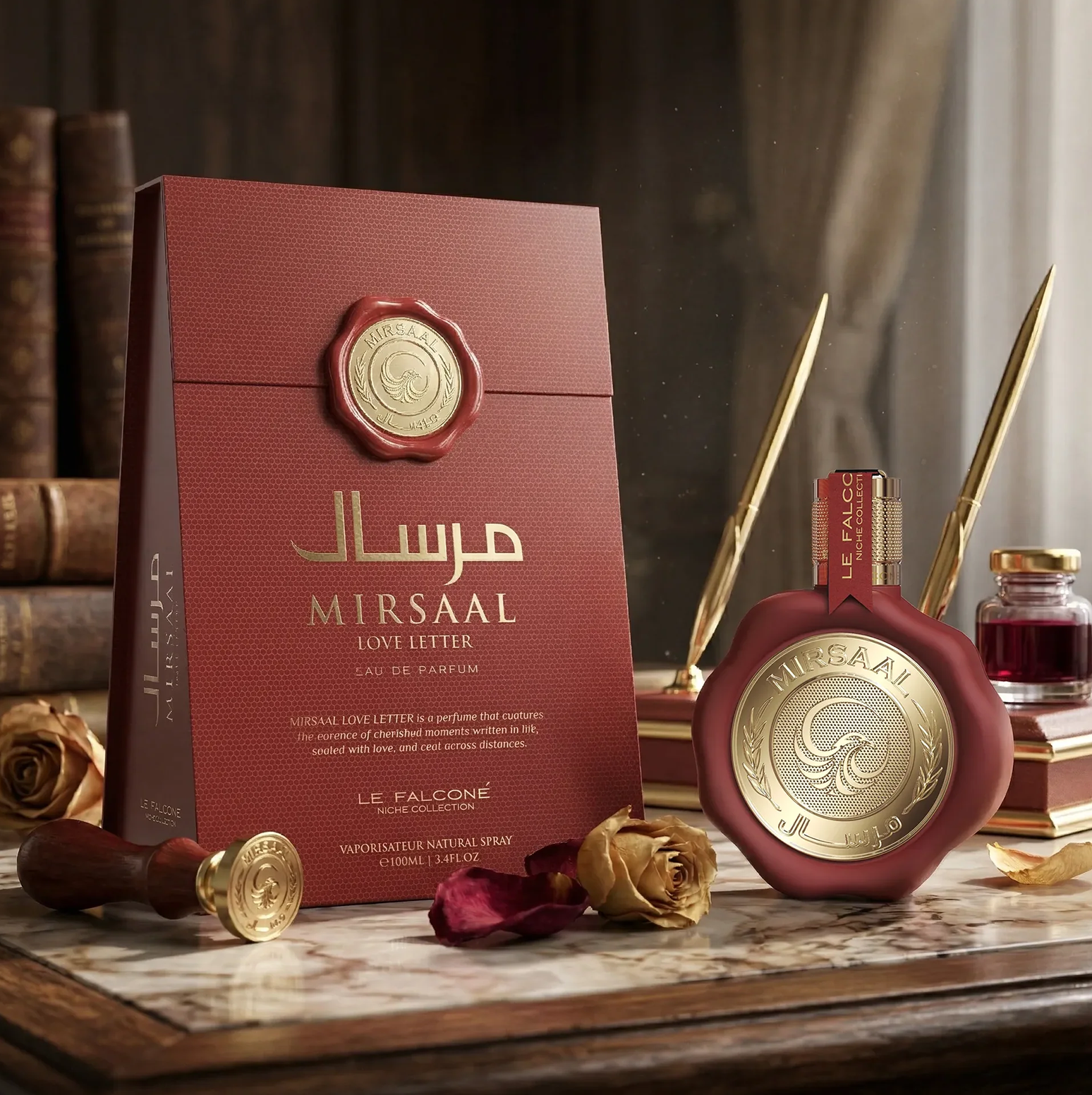 Een luxe productdisplay van Mirsaal Love Letter Eau de Parfum, met de met was verzegelde fles van 100 ml naast de bijpassende rode geschenkdoos, decoratieve pennen en gedroogde rozen op een klassieke schrijftafel.