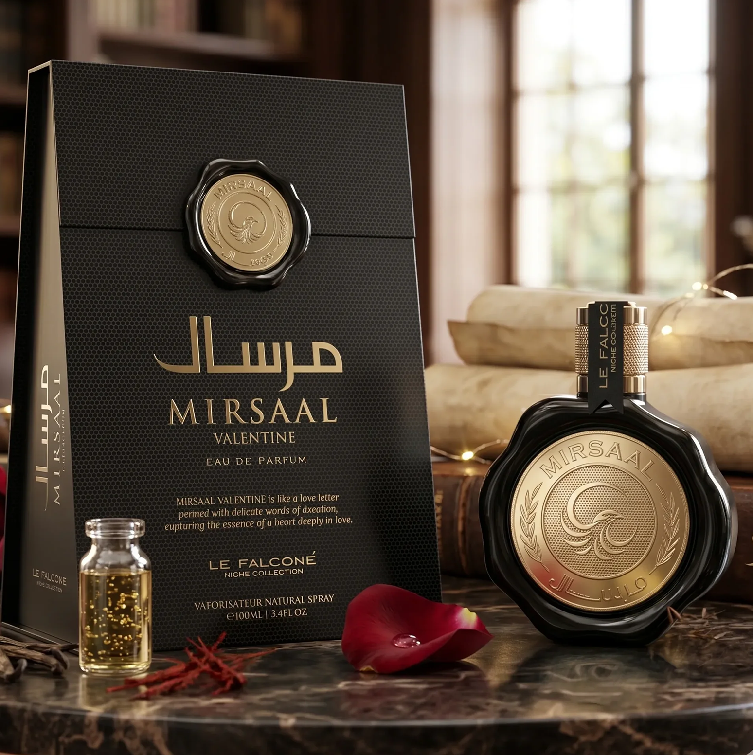 Een luxe productdisplay van Mirsaal Valentine Eau de Parfum, met de zwarte flacon van 100 ml met waxzegel en de bijpassende zwarte geschenkverpakking, vormgegeven met een rozenblaadje en gouden accenten op een klassieke tafelsetting.