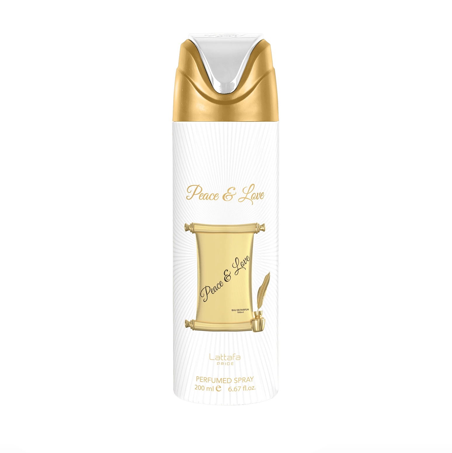 Een close-up productafbeelding van hoge kwaliteit van de Lattafa Peace and Love deodorantfles, met het esthetische ontwerp van de fles tegen een zachte, etherische achtergrond om de romantische en delicate aard ervan te benadrukken.