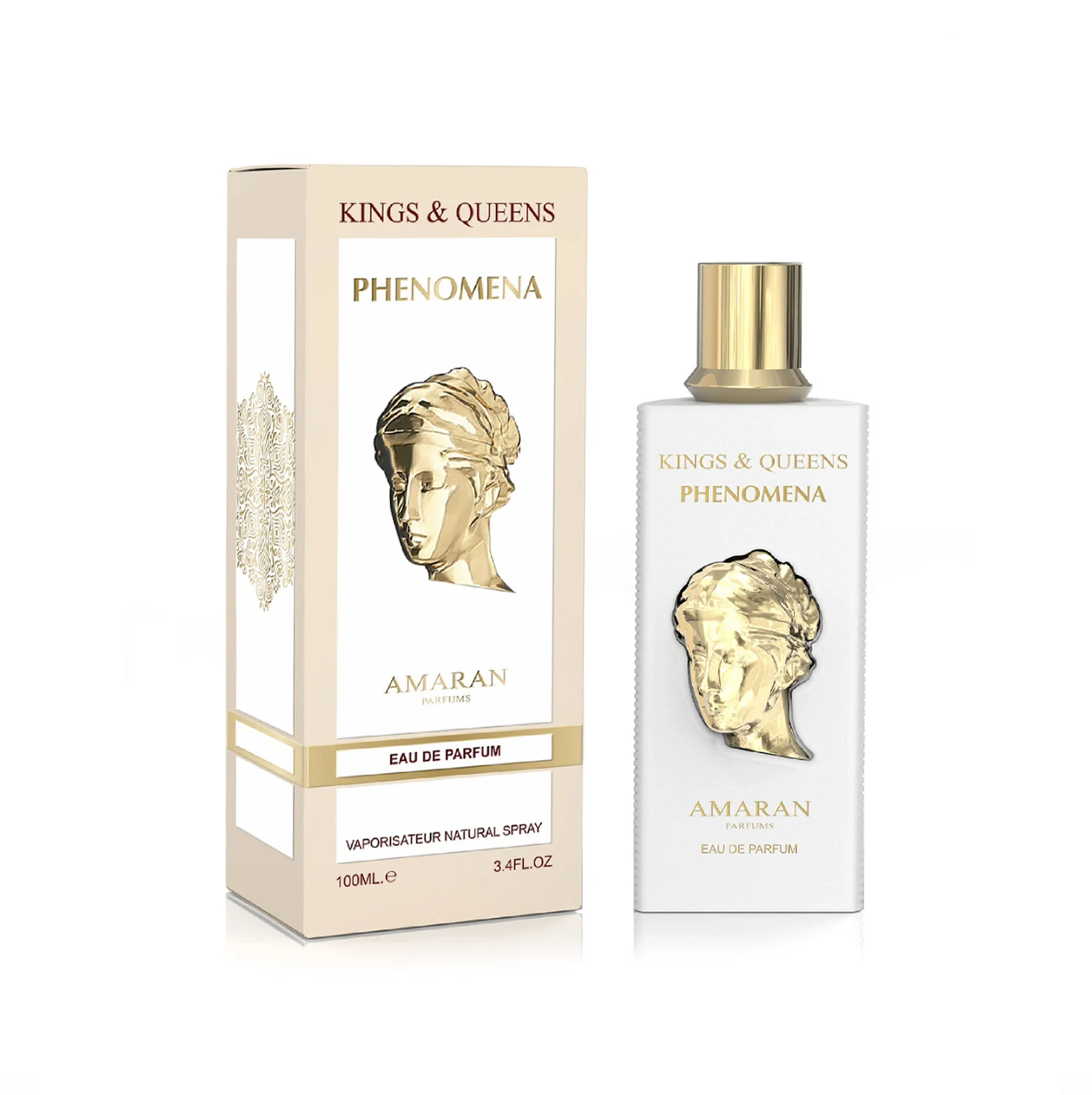 A professional product presentation showing the elegant white 100ml bottle of Phenomena positioned next to its matching gift box, which features a detailed gold-toned sculptural face.
