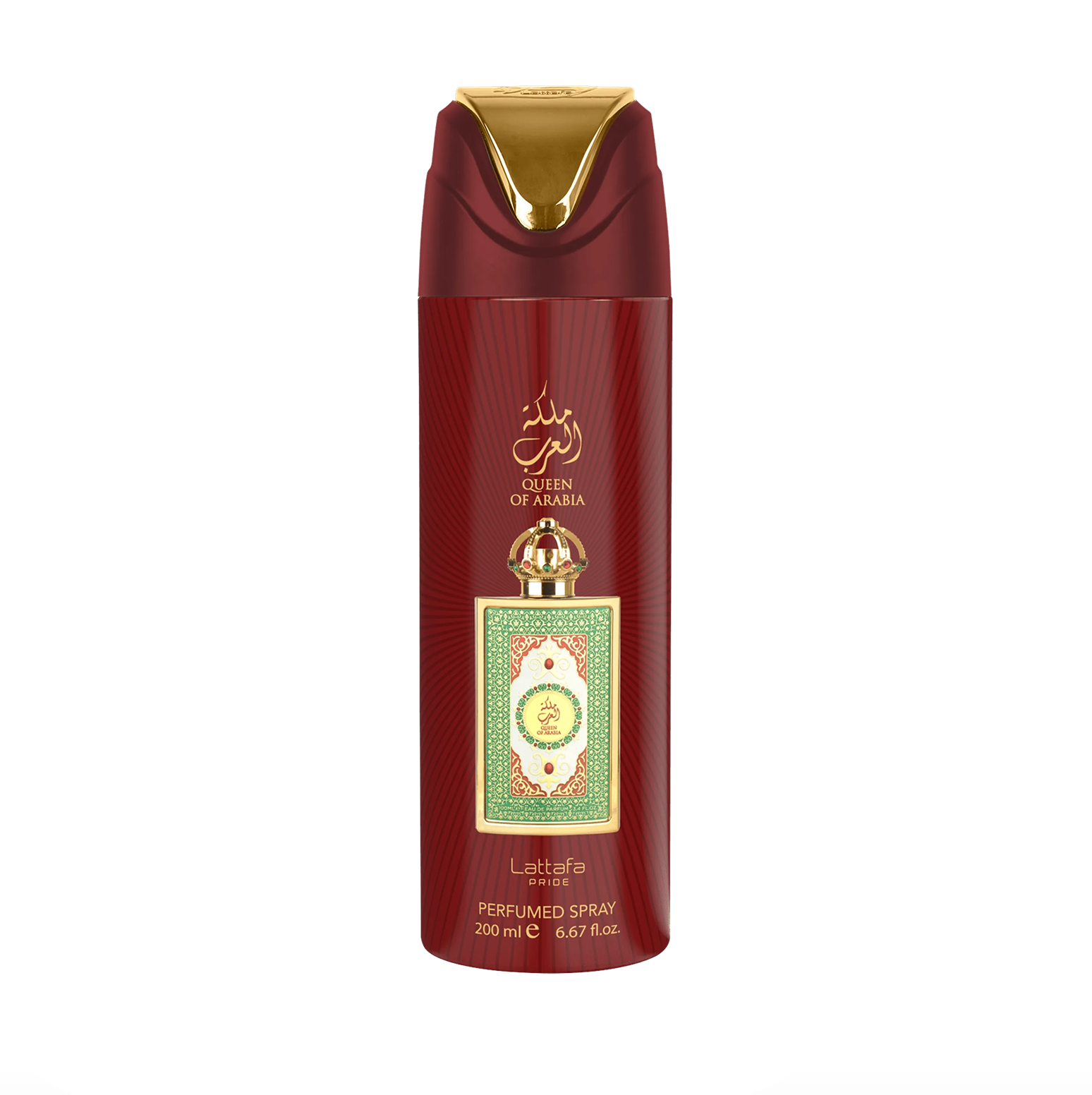 Een professionele productfoto van de Lattafa Pride Queen of Arabia deodorantfles (200 ml), met de nadruk op het slanke ontwerp en de hoogwaardige, elegante merknaam van de Lattafa Pride-collectie tegen een strakke, moderne achtergrond.