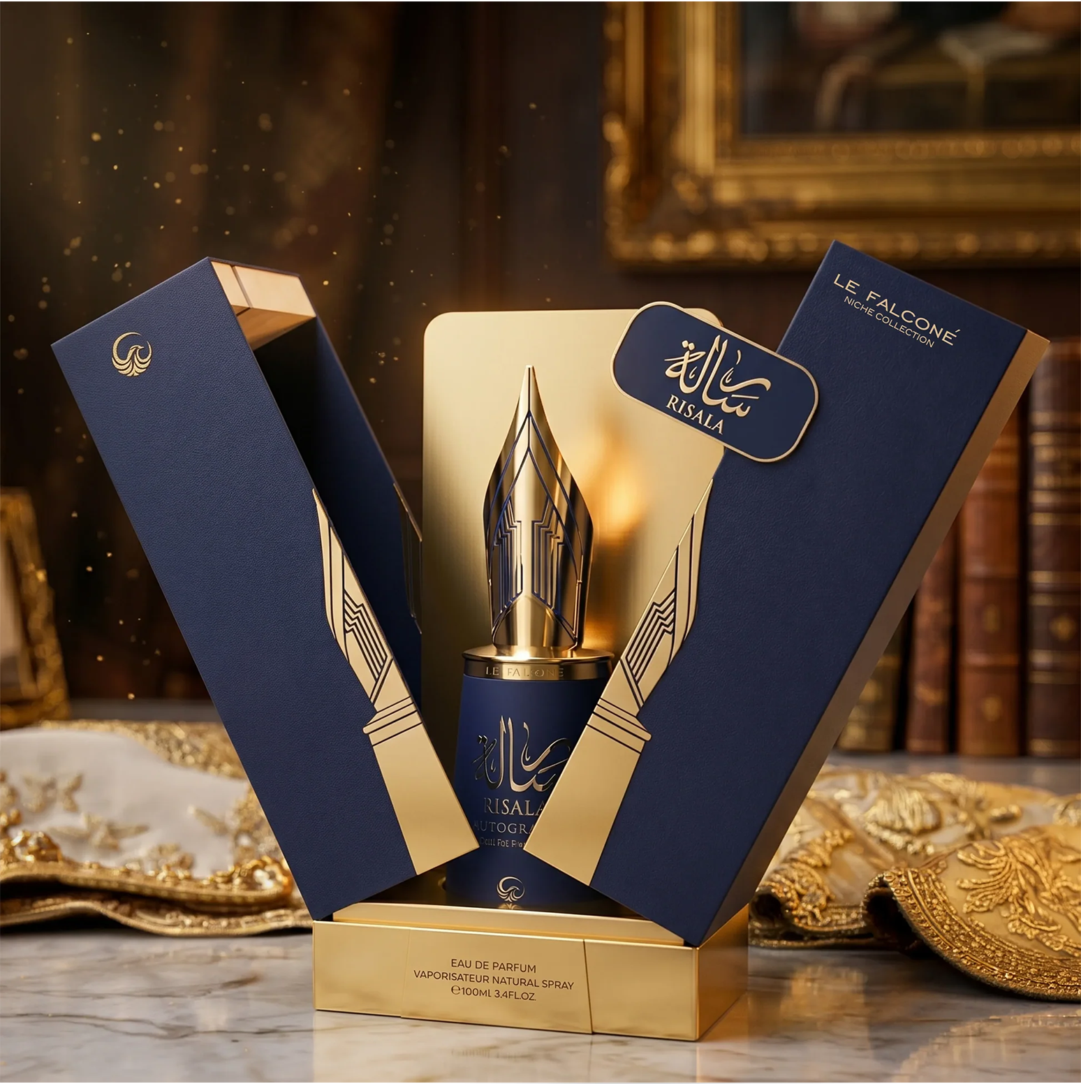 Een premium productdisplay met de Risala Autograph 100ml fles in de kenmerkende blauwe en gouden op vulpennen geïnspireerde geschenkdoos op een marmeren oppervlak.