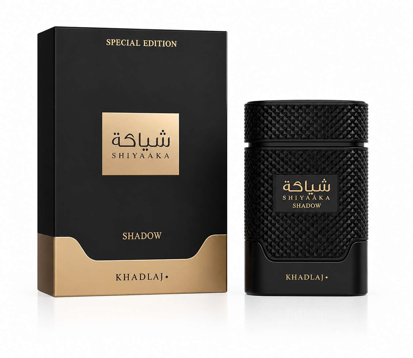 Displays the Shiyaaka Shadow by Khadlaj bottle alongside its premium presentation box. The composition highlights the contrast between the textured black bottle and its elegant packaging, enhanced by soft studio lighting and a clean white background. Luxury fragrance advertising style.