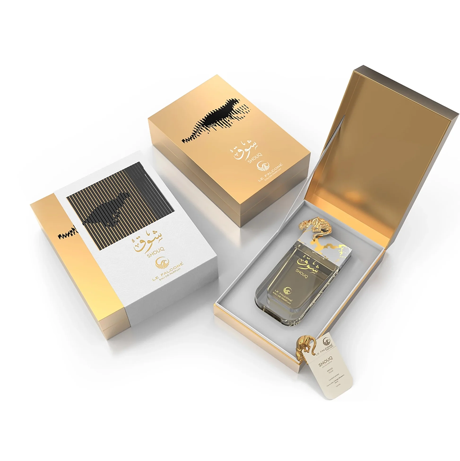 Een eersteklas display van Le Falconé Shouq Eau de Parfum met de 90 ml flacon en de elegante witte en gouden geschenkdozen, waarin het luxueuze design en het kenmerkende embleem van de gouden panter worden benadrukt.